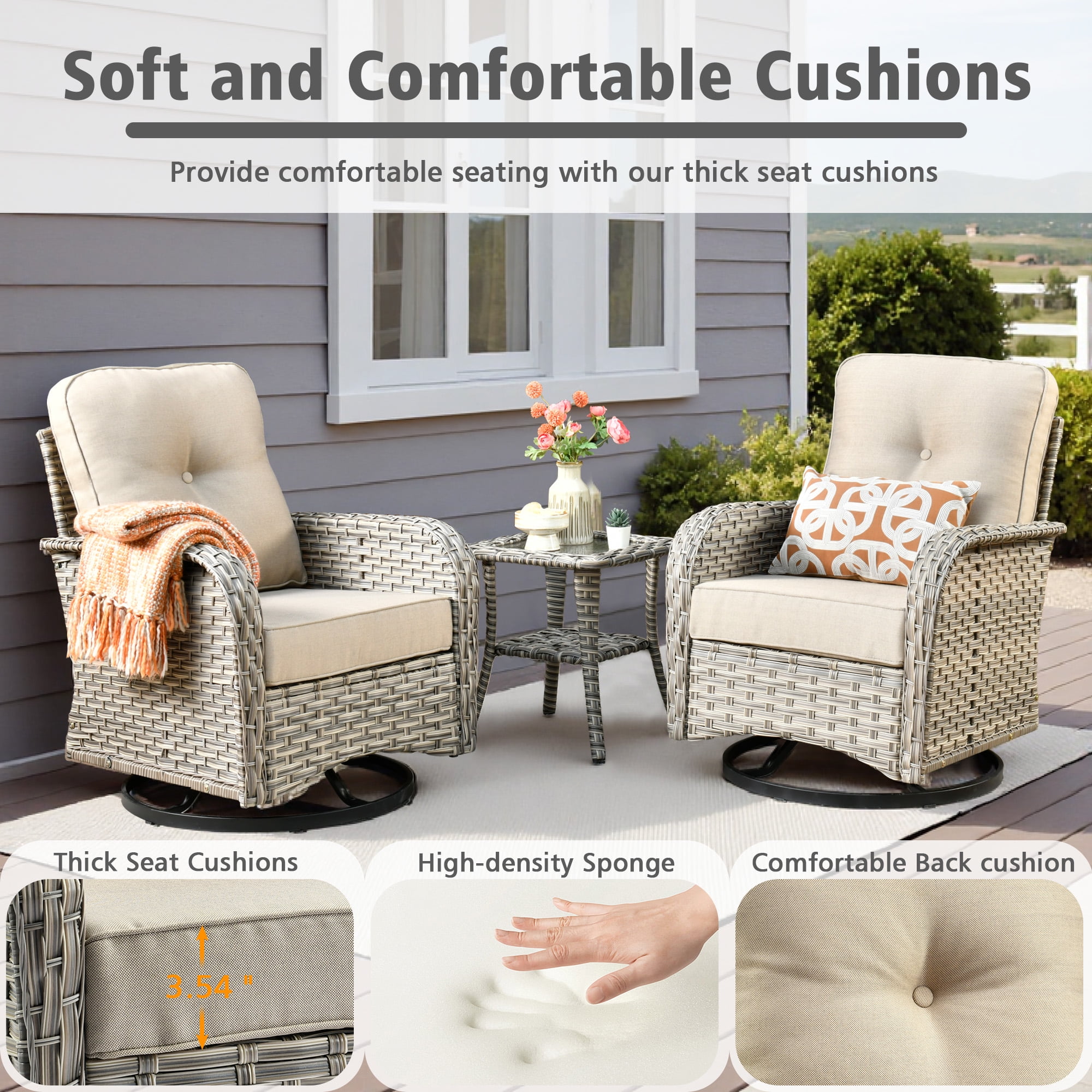 Ovios 3 Pieces Patio Furniture Set 2 Swivel Rocking Chairs Wicker Glider Chairs with Side Table for Backyard or Balcony