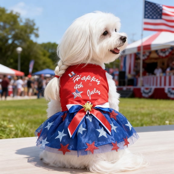 Happy 4th of July Dog Outfit Patriotic Dog Tulle Dress with Bowknot Independent Day Dogs Pet Doggie Apparel Clothes for Small Dogs Puppy Cats Girl Holiday National Day Pet Clothes
