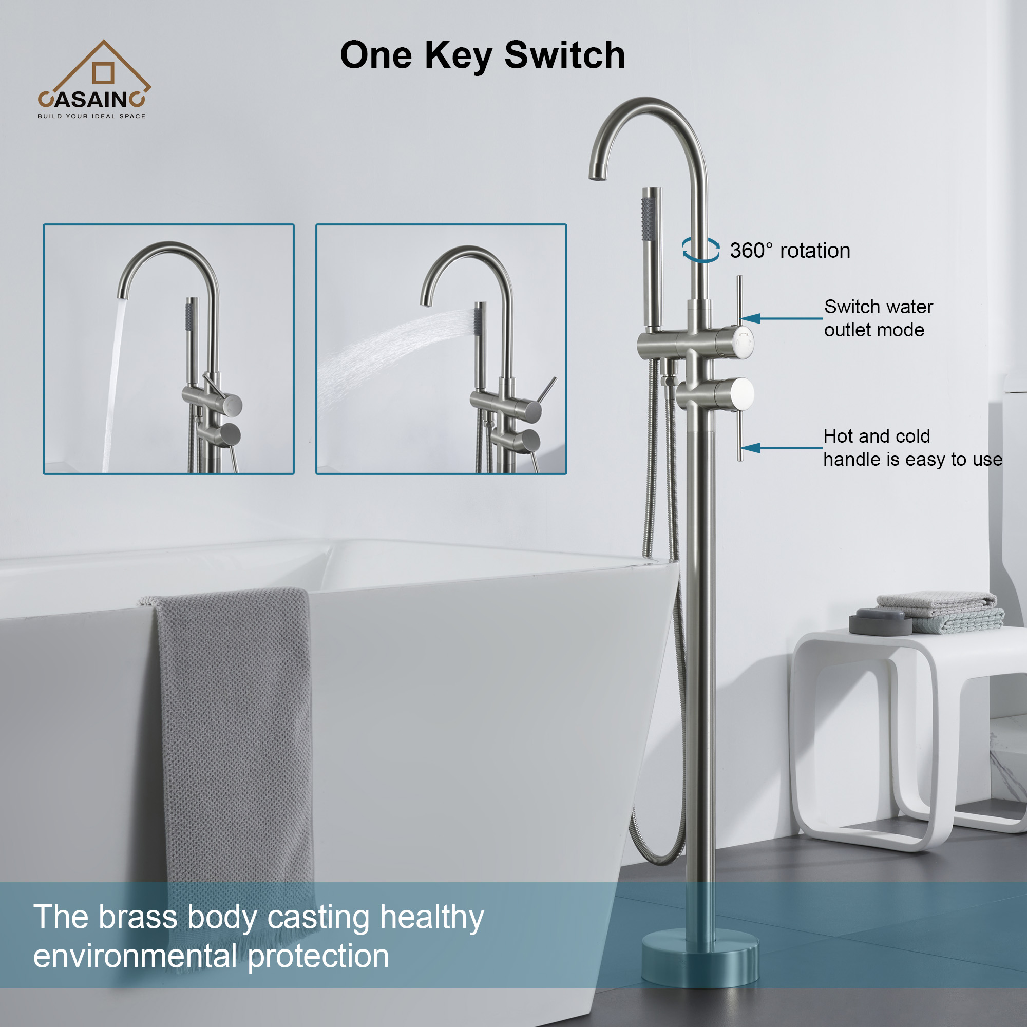 CASAINC 2-Handle Residentail Freestanding Bathtub Faucet with Hand Shower, Brushed Nickel