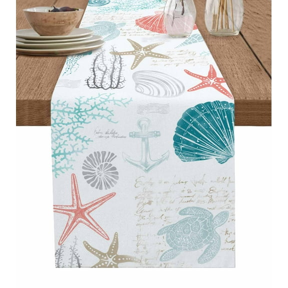 Table Runner 48 Inches Long for Kitchen Dining, Teal Red Coastal Nautical Dresser Scarf Farmhouse, Dining Table Decorations for Wedding/Parties, Beach Sea Turtle Ocean Coral Starfish 13 x 48 In
