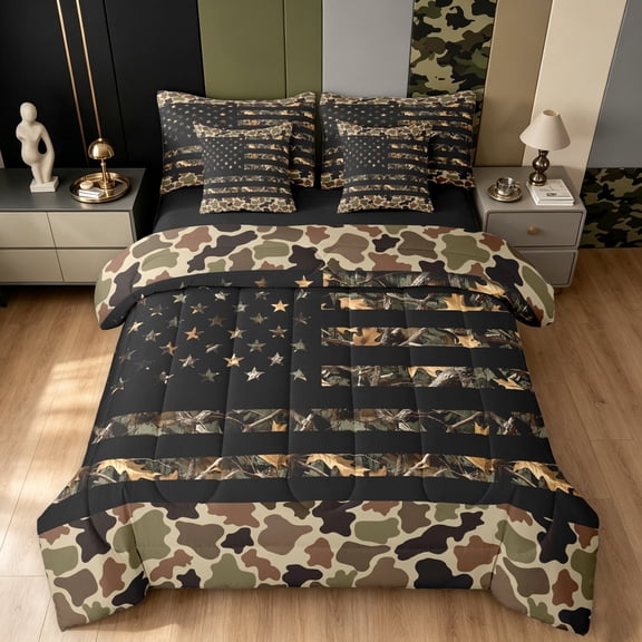 Manfei Minimalism Patriotic Camo Twin Bedding, Mid Century American Flag Bedding Comforter Set, Chocolate Brown, Black Reversible, 7-Piece