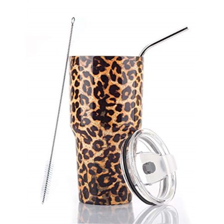 

DYNAMIC SE 30oz Tumbler Double Wall Stainless Steel Vacuum Insulated Travel Mug with Splash-Proof Lid Metal Straw and Brush (Leopard)