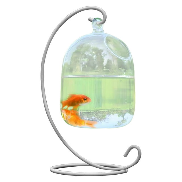Desk Hanging Fish Tank Bowl with Stand, Small Table Top Glass Fish Bowl Mini Aquarium for Betta Fish Home Decor