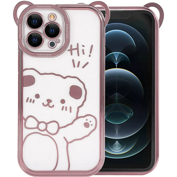 Compatible with iPhone 12 Pro Max Plating Bear Case for Women Girls,Cute Sparkle Transparent Soft TPU Stylish Bear Pattern Shockproof Slim Luxury Clear Case Cover for iPhone 12 Pro Max-Pink