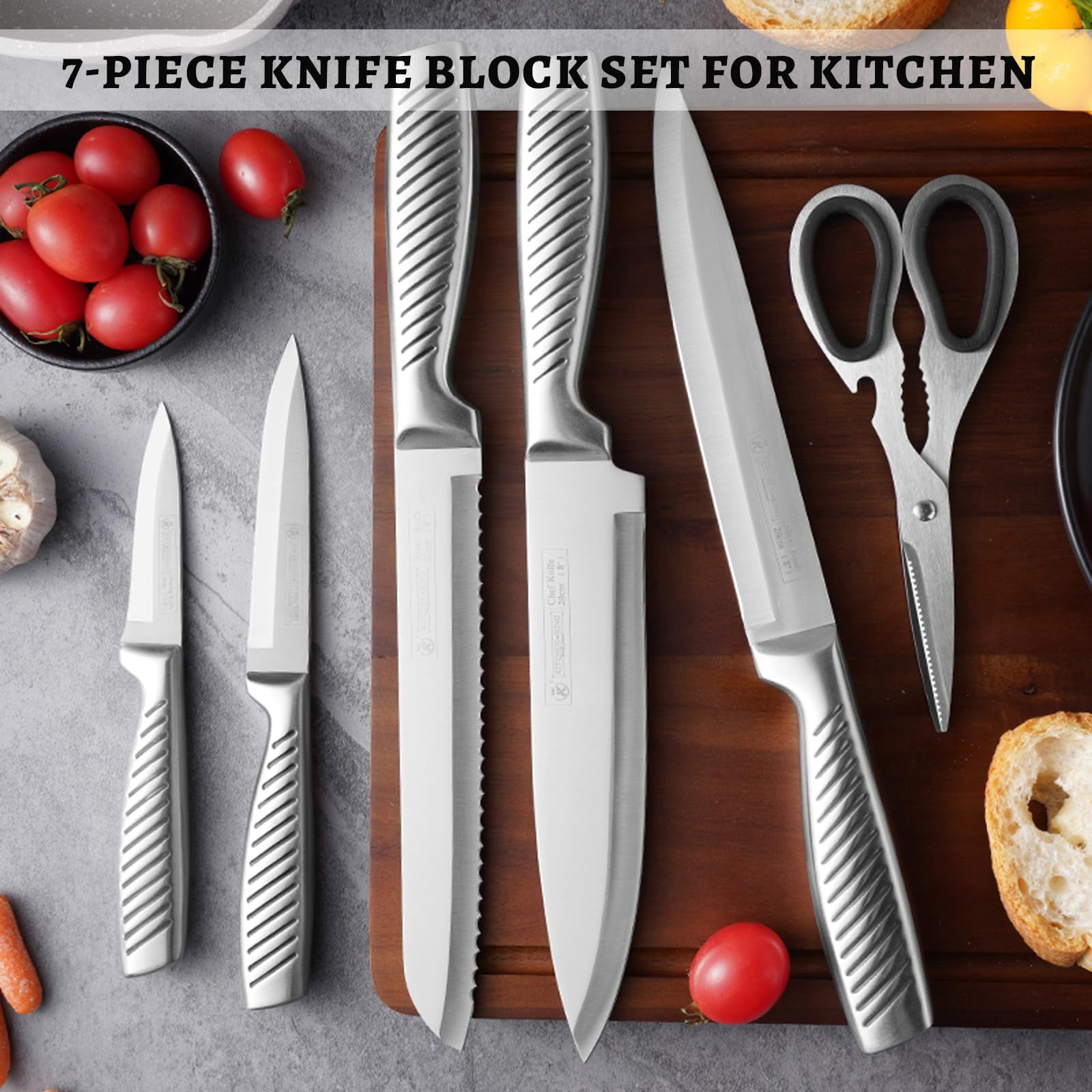 7-Piece Kitchen Knife Set with Block, Stainless Steel Sharp Blades, Anti-Slip Handle, Universal Knife Storage, Professional Cutting Essentials for Home & Apartment (Silver)