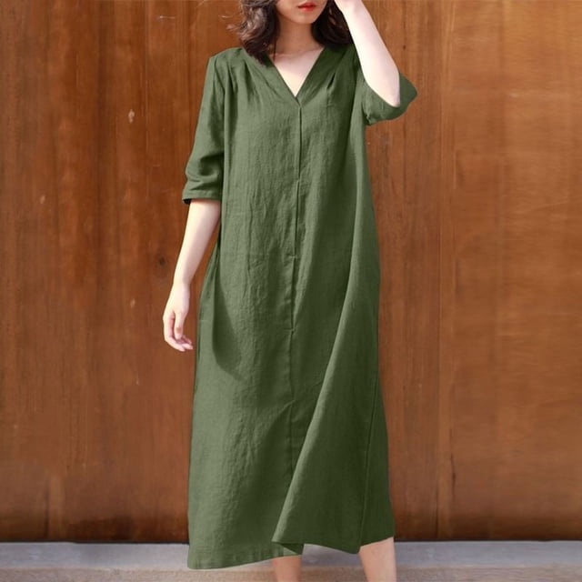 Jusqu'à 65 % de Réduction! Robes d'Été Mode pour Femmes 2024 Grande Taille Robe Décontractée Col en V Manches 3/4 Couleur Unie Robes en Coton Amples