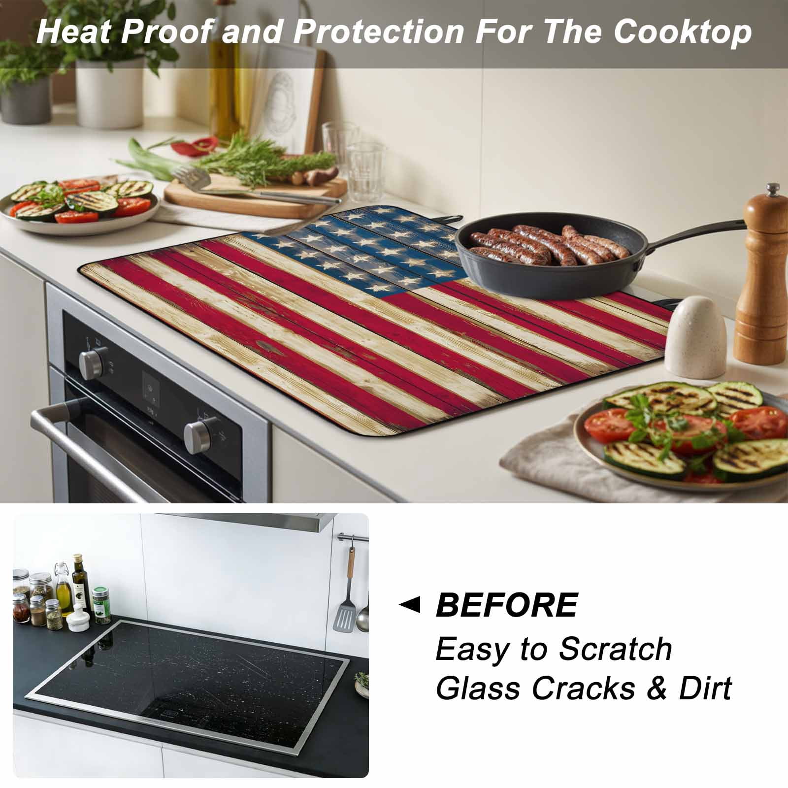 American Flag Vintage Stove Top Cover for Electric Stove, Heat-proof & Non Slip Glass Top Stove Cover Protector, Brown Red Stripes US Flag Kitchen Flat Cooktop Rubber Mat 24x21 Inches