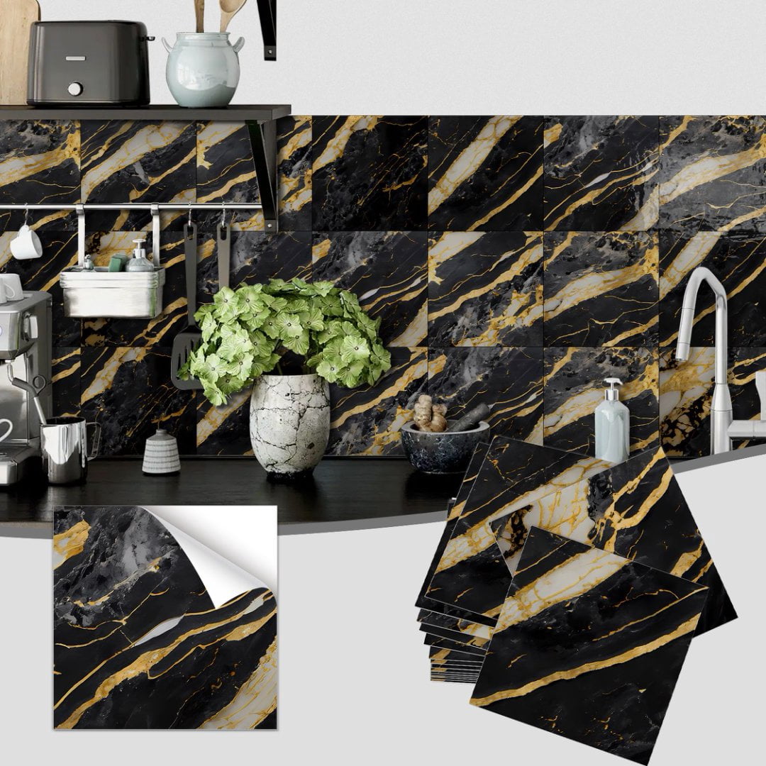 16 Piece Black Gray Gold Tile Stickers PVC Backsplash 8" x 8" Marbling Wall Decals DIY Decor Kitchen Peel and Stick Waterproof Tile