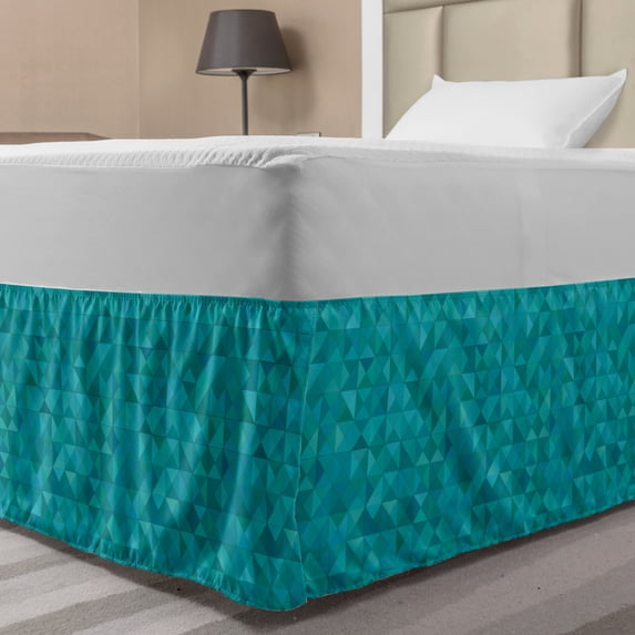 Teal Bed Skirt, Geometrical Shapes Triangles Squares Modern Abstract Art Different Shades of Blue, Elastic Bedskirt Dust Ruffle Wrap Around for Bedding Decor, 4 Sizes, Turquoise Aqua, by Ambesonne