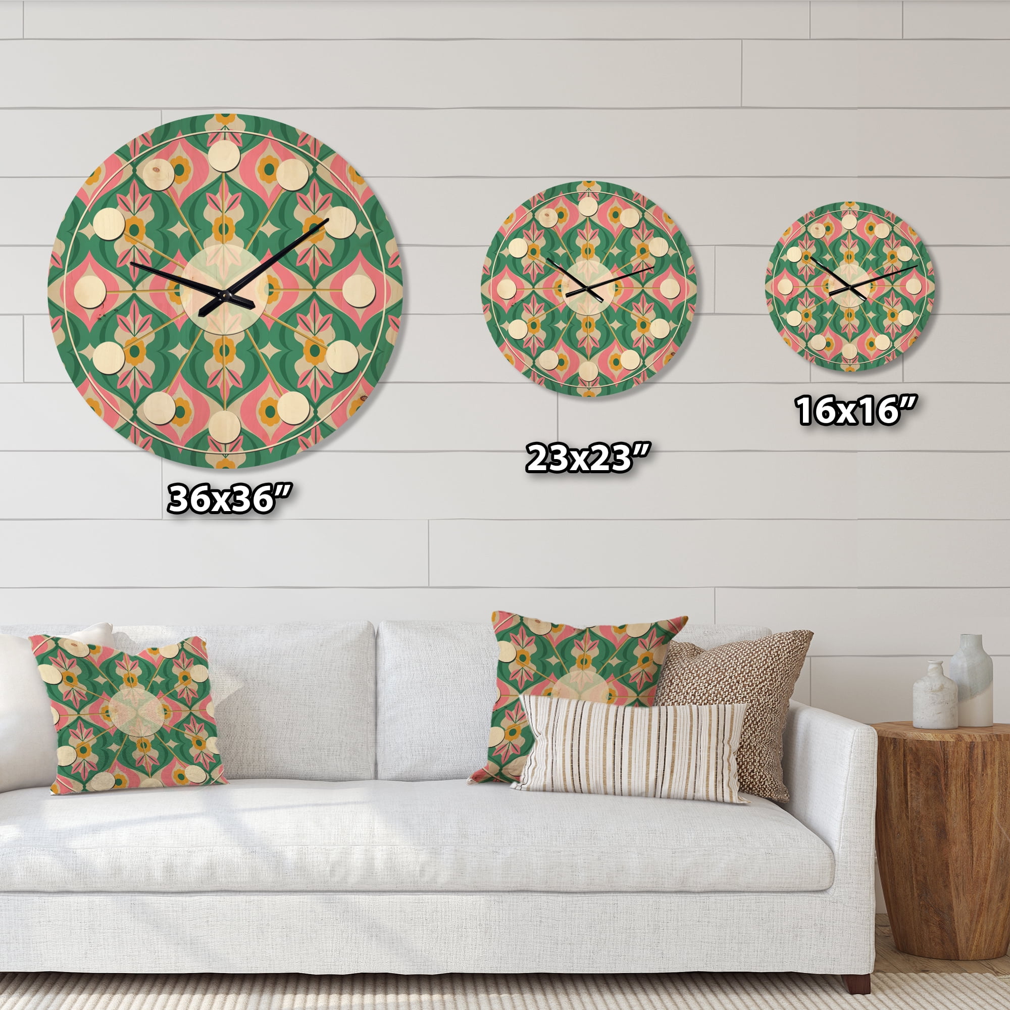 Designart 'Flowers and Leaves With Retro Pattern' Mid-Century Modern Wood Wall Clock