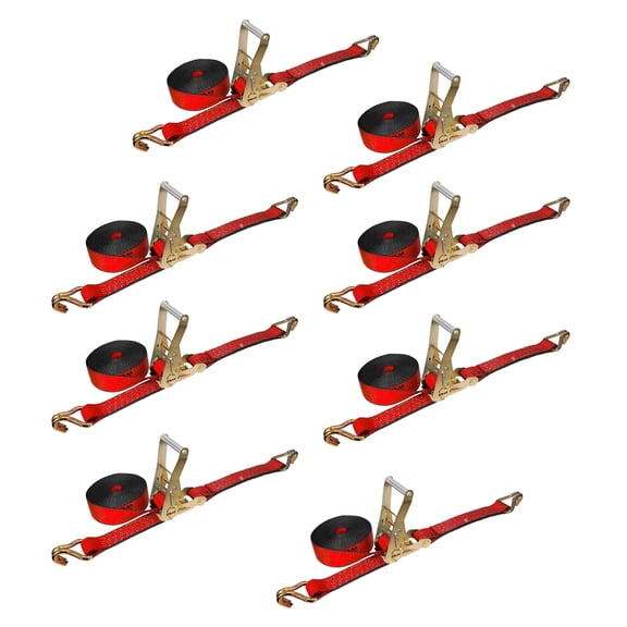 Mega Cargo Control USA 8-pack Heavy Duty 2" x 30' Ratchet Strap J Hook Flatbed Truck Farm Tie Down, 3333 lbs Wll, Red