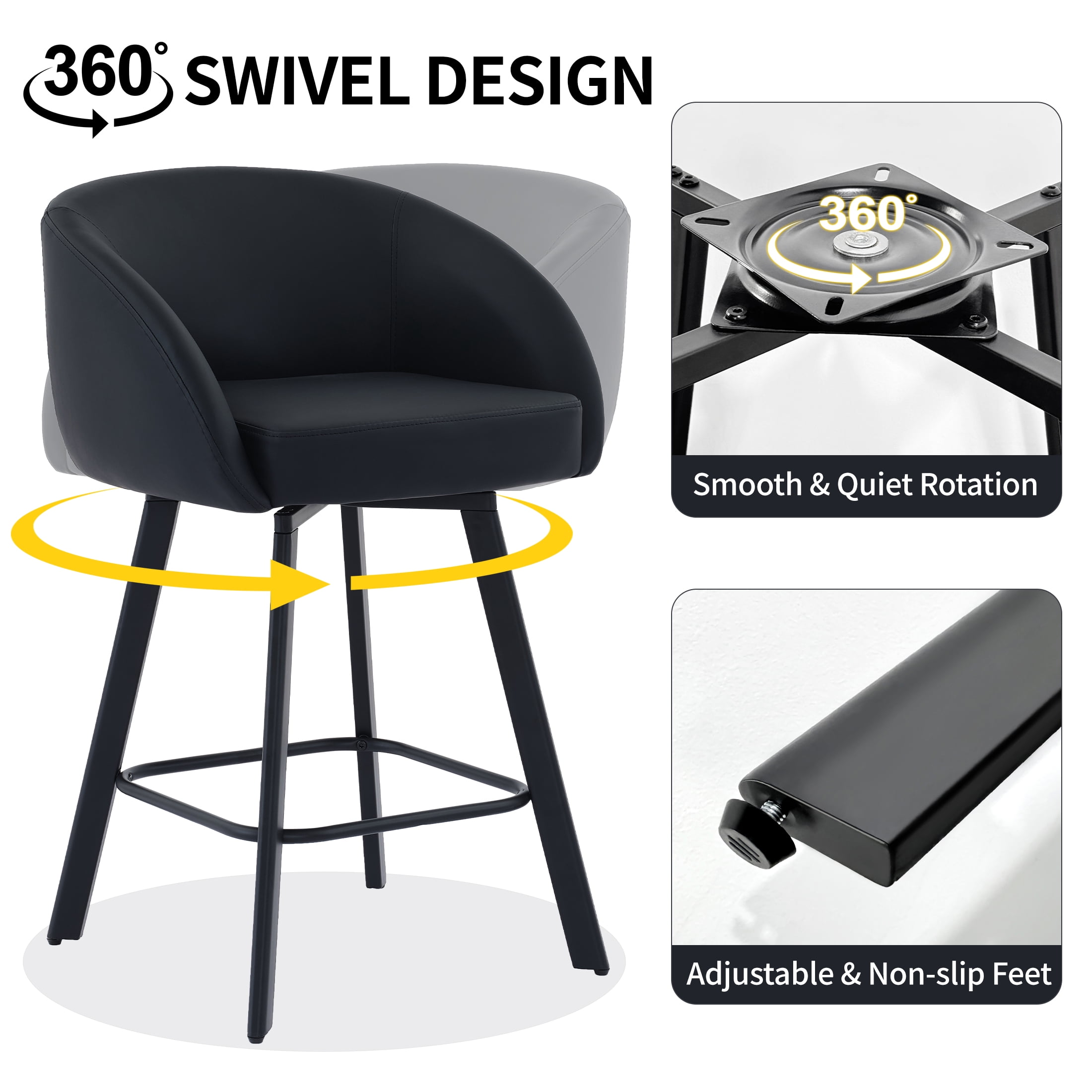 FIRAVOE Bar Stools with Back Set of 2, Swivel Counter Height Bar Stools with Footrest (26") Faux Leather Black Barstools for Kitchen Island