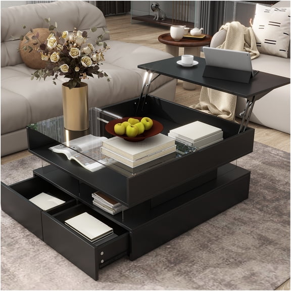 JERFIT Modern Lift-Top Coffee Table with LED Lights, 2 Drawers & Hidden Storage, Square Glass Top, High-Gloss Finish for Living Room, Black