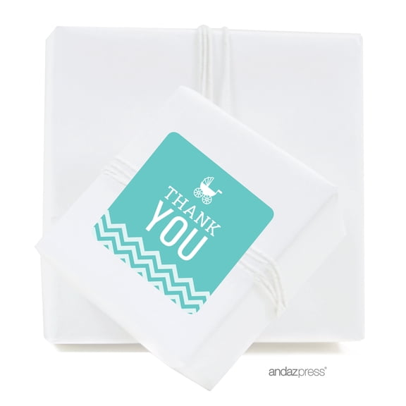 Diamond Blue Chevron Baby Shower Square Label Stickers, Thank You, 40-Pack