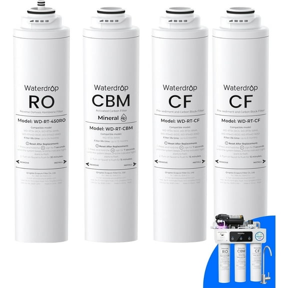Waterdrop 𝐖𝐃-𝐓𝟑-𝐑𝐂𝐌𝐎 Replacement Filter, Pack of 1 RO, Pack of 2 CF and 1 CBM Filter, Replacement for 𝐖𝐃-𝐓𝟑-𝐌 Tankless Reverse Osmosis Water System (𝟐*𝐂𝐅 𝟏*𝐂𝐁𝐌 𝟏*𝐑𝐎)