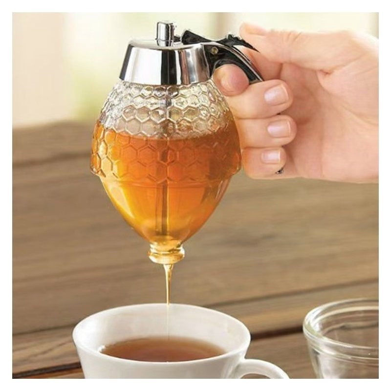 No Drip Honey Dispenser with Stand - Honeycomb Shaped Honey Holder and Syrup Dispenser -Bee Decor Honey Storage Jar, Honey Dispenser for Honey, Syrup - 8 oz， Father's Day Gift