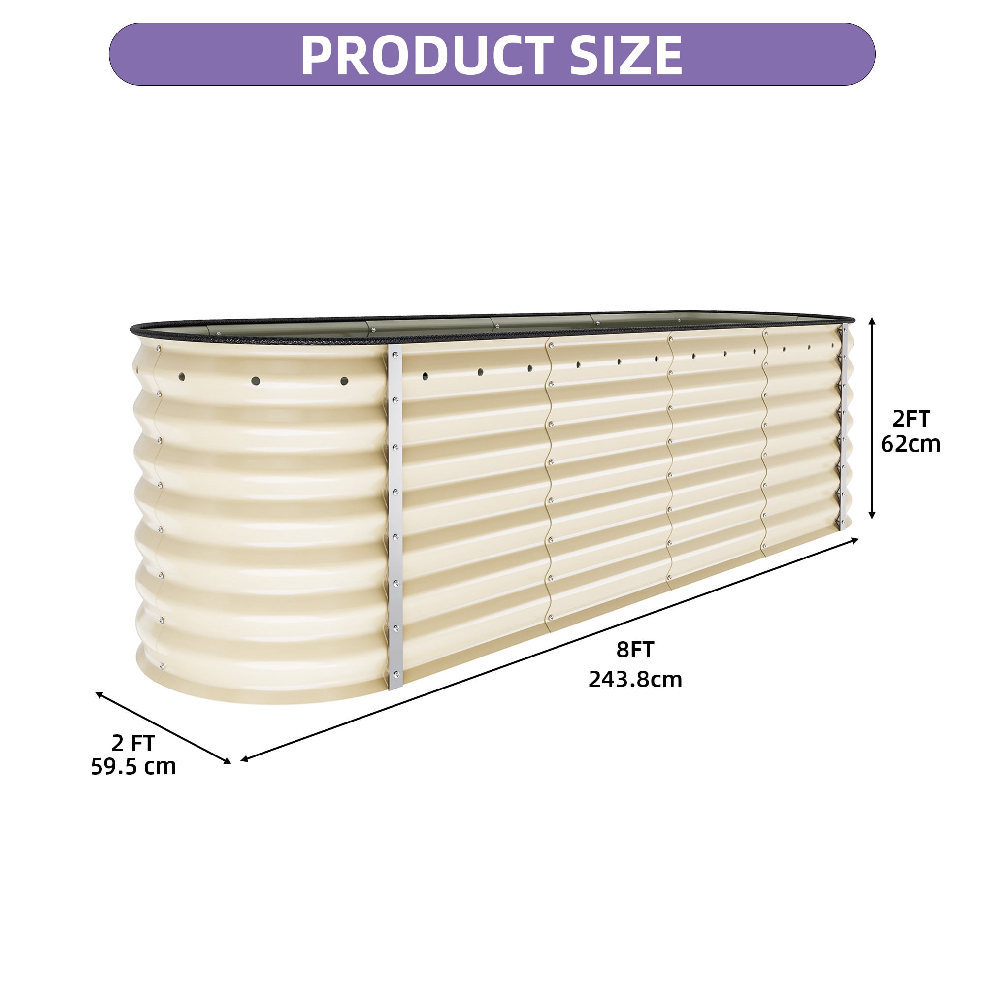 Uforic 8x2x2ft 24" Tall 9 in 1 Large Galvanized Metal Raised Garden Bed Kit,  Outdoor Above Ground Planter Box with Gloves and Safety Rubber for Vegetables Flowers Plants,Cream White