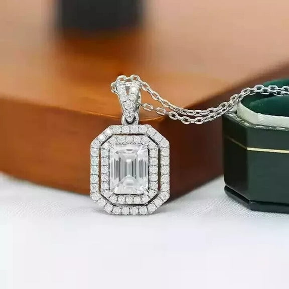 2CT Emerald Cut White Moissanite Women's Halo Pendant 14K White Gold Plated