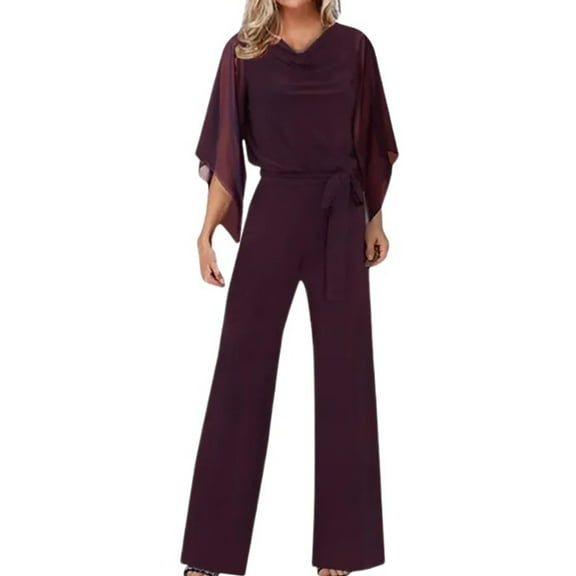 Women Wedding Party Belted Tie Waist Wide Leg Long Jumpsuit Casual Flared 3/4 Sleeve Cowl Neck Overall Romper