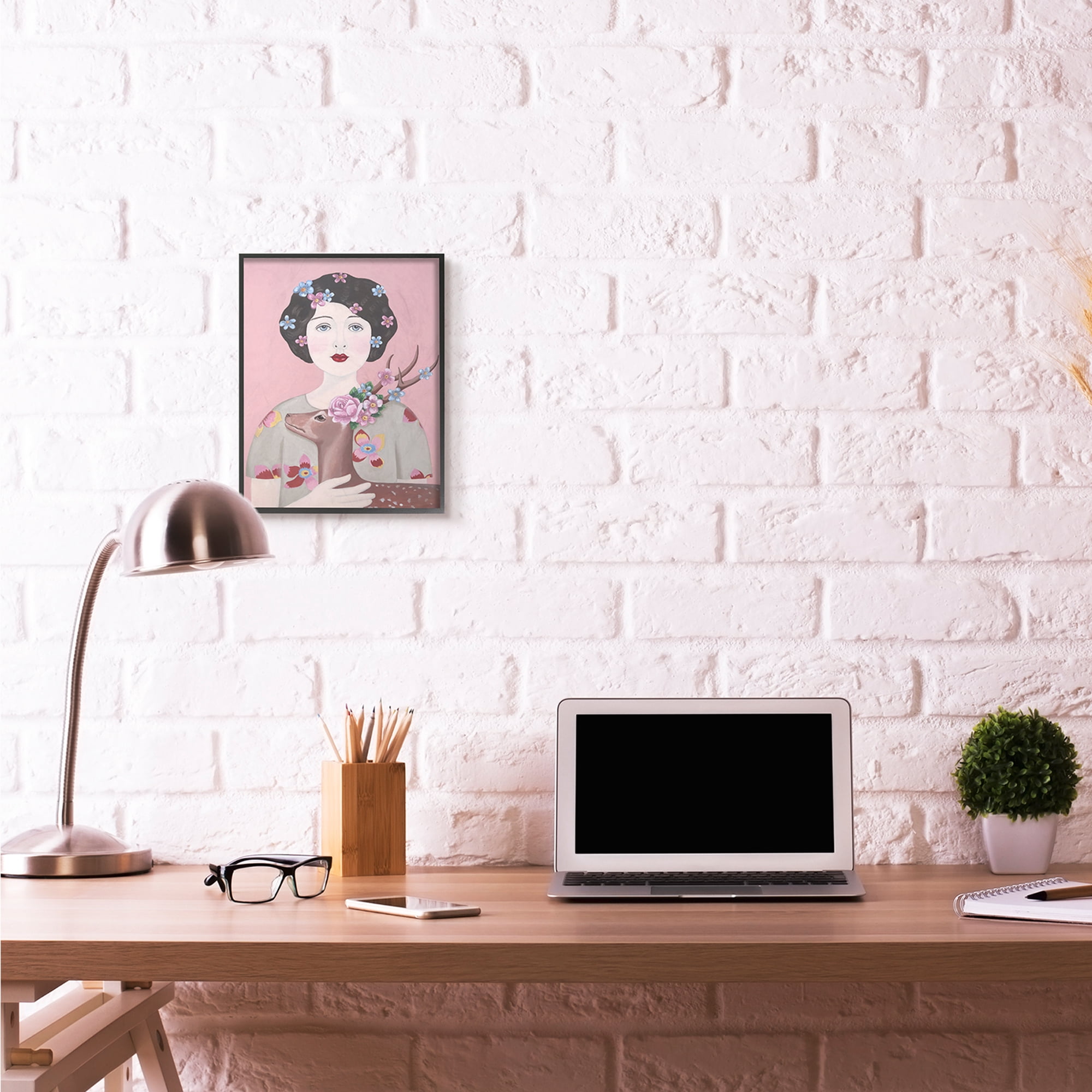 Stupell Industries Woman And Deer Pink Animal Painting Black Framed Art Print Wall Art, 11x14, by Sally B