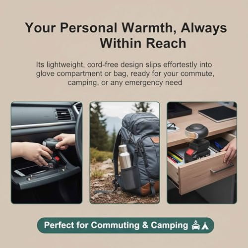Battery Powered Heater for Car & Small Spaces - Rechargeable Portable Heater with Defrosting Function, Safe Anti-Tilt Design for Indoor Use