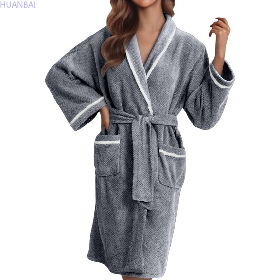 HUANBAI Winter Long Sleeve Kimono Robe With Belt And Pockets Cozy Loungewear For Home Soft Warm Bathrobe Housewear Attire Women's Nightgown