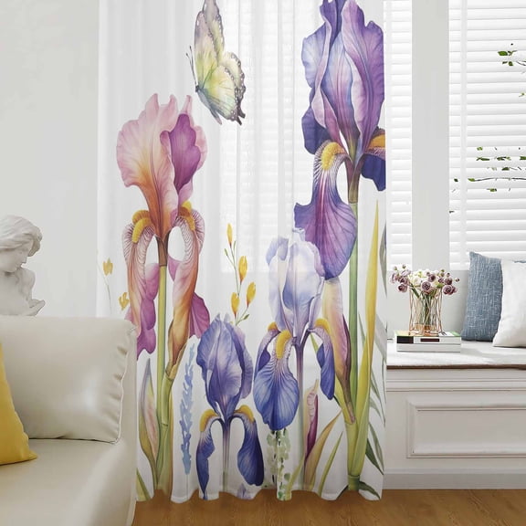 Watercolor Purple Floral, Semi Sheer Curtains Drapes for Living Room, Bedroom, French Doors Window 72 Inches Long, Flower Leaves Hearb White Rod Pocket Chiffon Curtain Drapery Voile Draperies Panel