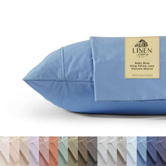 Linen Home Taies d'Oreiller en Percale 100 % Coton Taille King, Bleu Bébé, Frais et Rafraîchissant, 2 Pcs, 20 Pouces X 40 Pouces