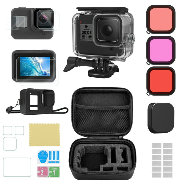 maak je geïrriteerd Disciplinair Dageraad TSV Waterproof Housing Case Fit for GoPro Hero 8 Black, Camera Kit with  Shockproof Carrying Case + Waterproof Case + Tempered Glass Screen Protector  + Silicone Cover + Lens Filters + Anti-Fog Inserts - Walmart.com