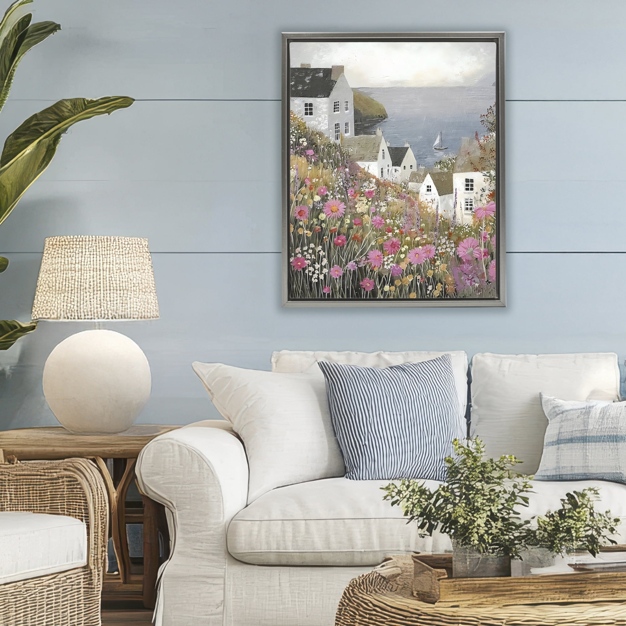 Stupell Industries Picturesque Village over Sea Gray Framed Floater Canvas Wall Art, design by Riley B