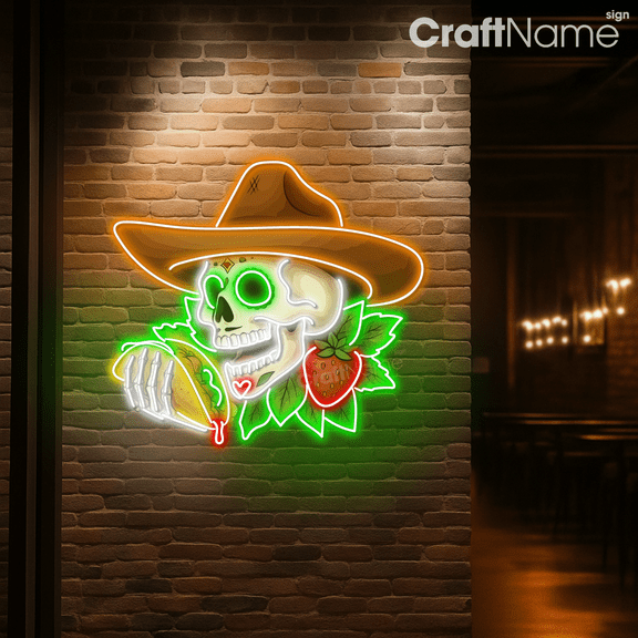 Craftnamesign Skull & Tacos Led Light for Mexican Tacos Restaurant Decor, Fast Food Store Wall Art