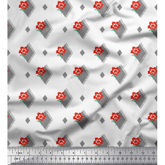Soimoi Rayon Fabric Diamond Shape & Floral Artistic Decor Fabric Printed Yard 42 Inch Wide