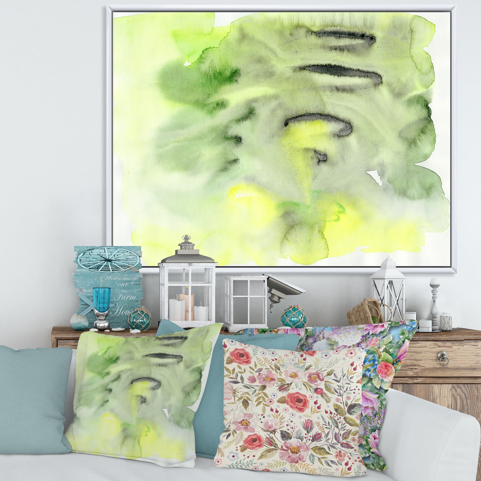 Designart 'Abstract Pond of Yellow and Green' Modern Framed Canvas Wall Art Print