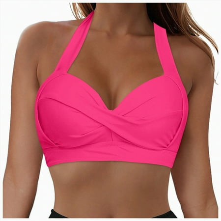 ORT Women Halter Bikini Tops Push Up Bathing Suit Top V Neck Full Coverage Swimsuit Top Only(Hot Pink M)