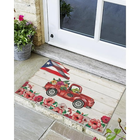 

Indoor Outdoor Mats Puerto Rico Red Truck and Hibiscus Flowers Wood Grain Background Door Mat Non-Slip Absorbent Resist Dirt Entrance Mat Washable Welcome Mats for Entryway Low-Profile Floor Mats