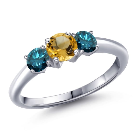 Gem Stone King 925 Sterling Silver Yellow Citrine and Blue Diamond Engagement Ring for Women | 0.99 Cttw | Round 5MM | Gemstone November Birthstone | Size 7