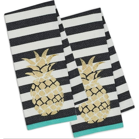 

DII Set of 2 Golden Pineapple Dishtowels with Black and White Stripes (2)