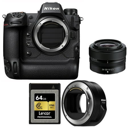Nikon 1669 Z9 Full Frame FX Flagship Mirrorless Camera 45.7MP 8K Video with NIKKOR Z 24-50mm f/4-6.3 Full Frame Zoom Lens Bundle with Nikon FTZ II Lens Mount Adapter + Lexar 64GB Memory Card