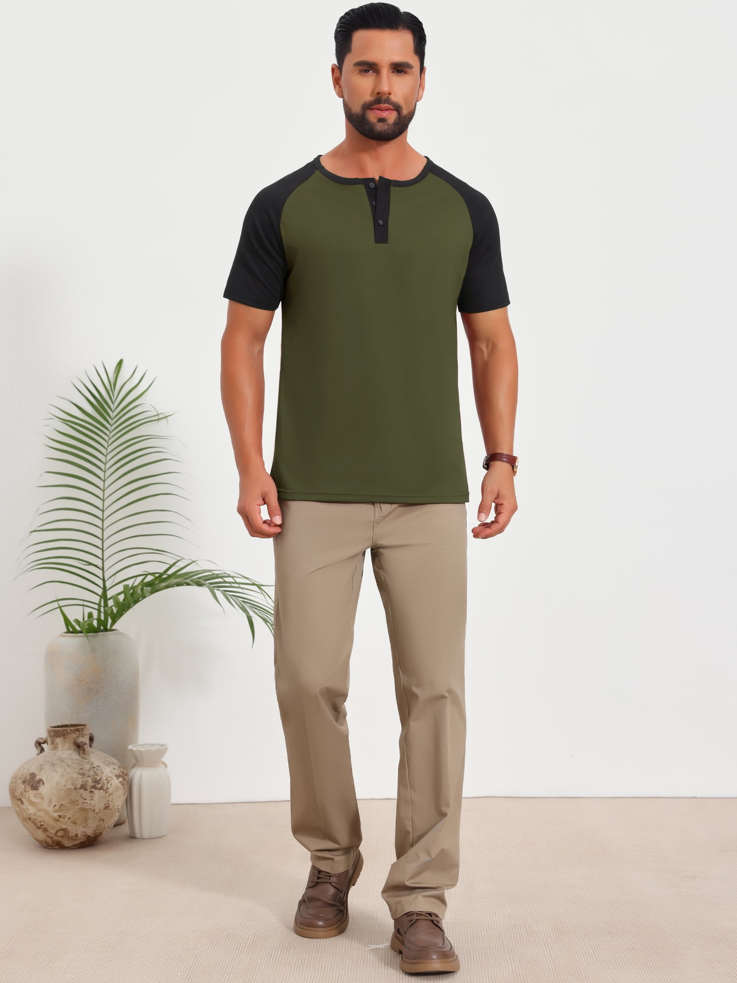 DARING DIVA Men's Henley Button Down Color Block Short Sleeve T-Shirt L Olive Green