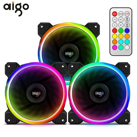 Aigo DR12 3 Pack Wireless 120mm RGB LED PC Fan, Dual Light Loop Quite Edition High Airflow Adjustable Color LED Case Fans with Remote Control for Gaming PC Cases CPU