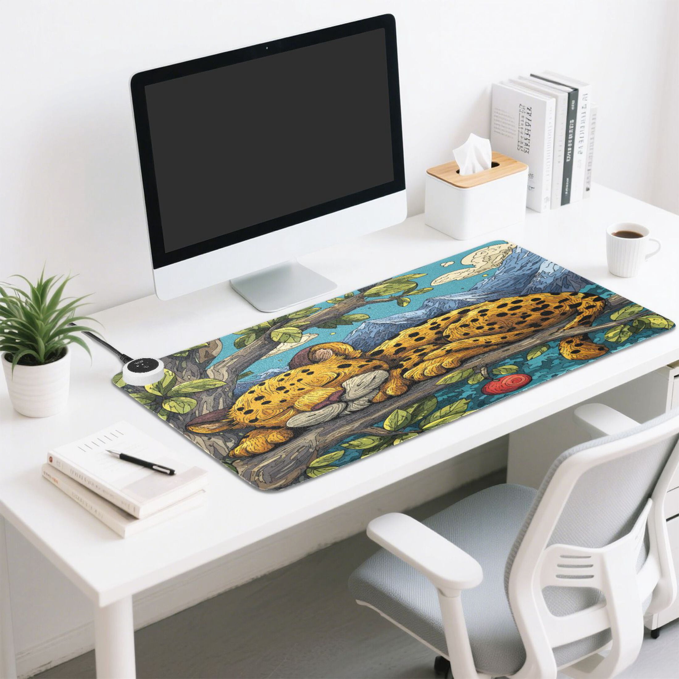 Large Heated Desk Mat Mouse Pad 31.5"x13"PU Leather Graphene Heating Desk Warmer with 3 Temperature Settings 110V US Plug Non-Slip Warm Pad for Home, Office, and Gaming A Cute Leopard Cub Sleeping