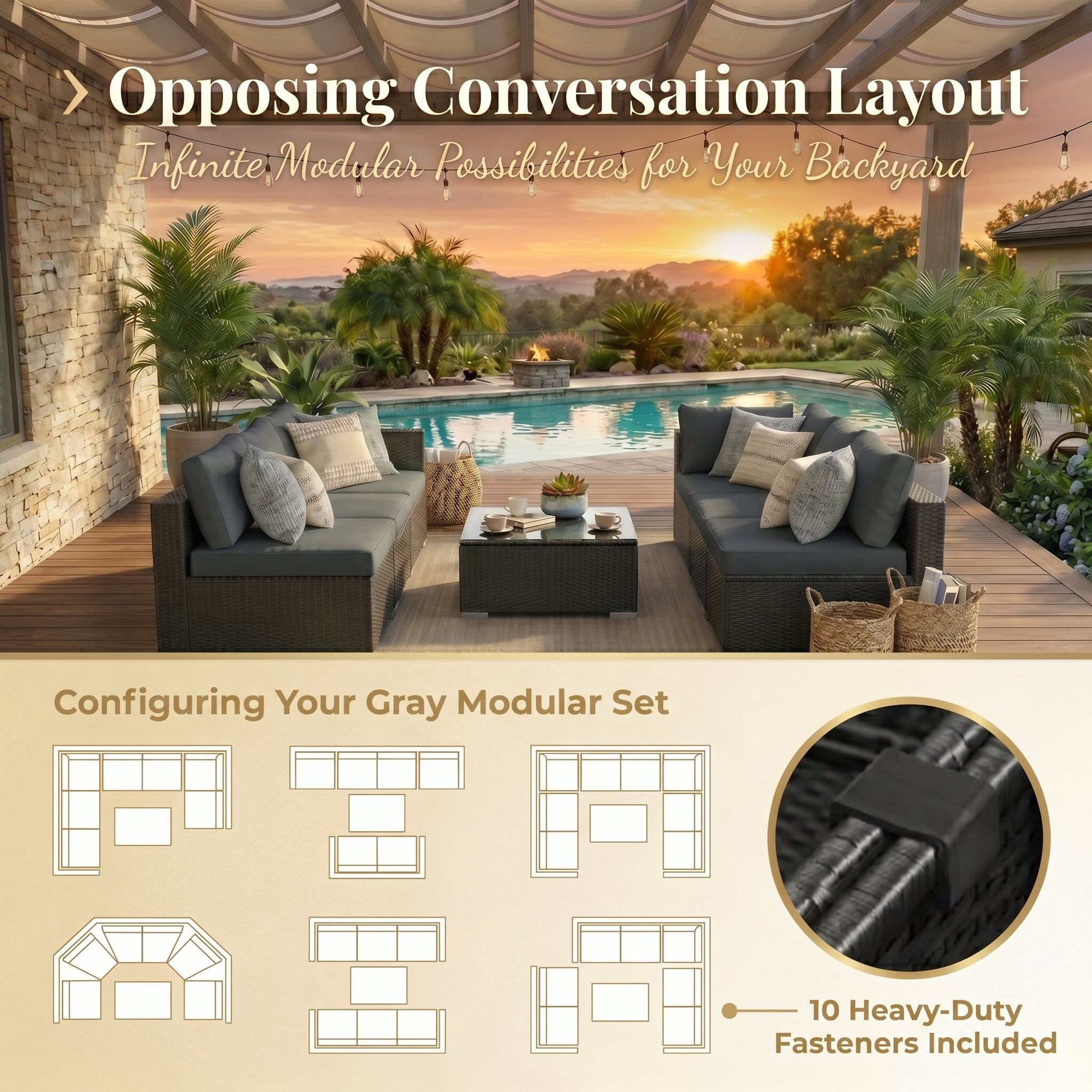 Howcool 7-Piece Modular Outdoor Patio Furniture Set with Cushions and Tempered Glass Table