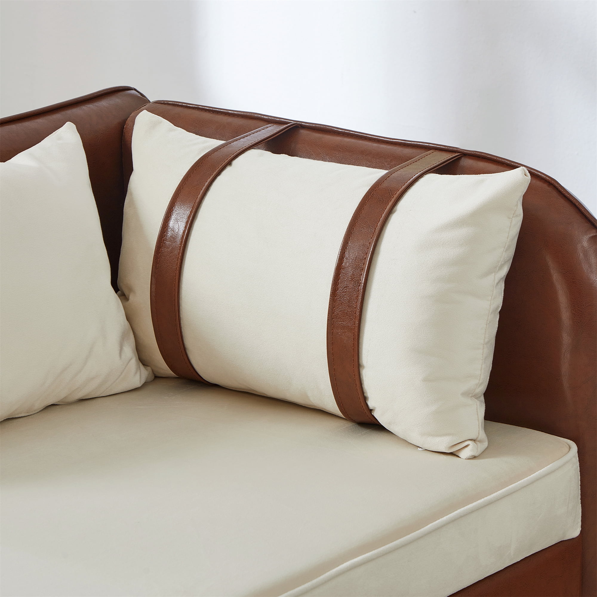 Aukfa 65" Storage Chaise Lounge Indoor Leather Sofa for Living Room Bedroom, Wooden Legs, 2 Pillows, Brown & Beige