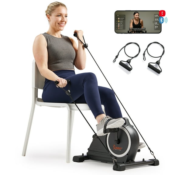 Sunny Health & Fitness Magnetic Compact Under-Desk Mini Pedal Exercise Bike w/Resistance Bands & Free SunnyFit App Connectivity – SF-B020026SMART