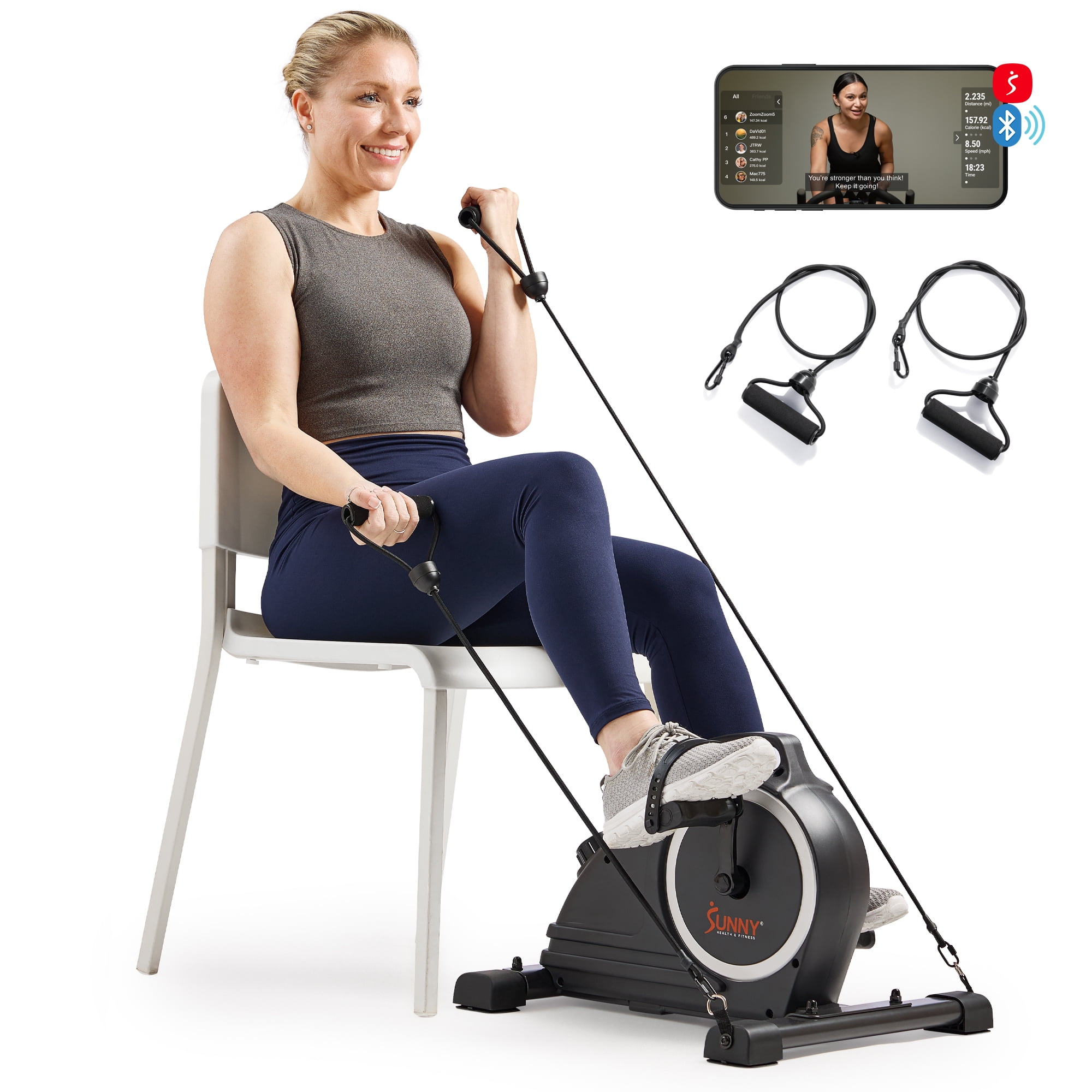 Sunny Health & Fitness Magnetic Compact Under-Desk Mini Pedal Exercise Bike w/Resistance Bands & Free SunnyFit App Connectivity – SF-B020026SMART