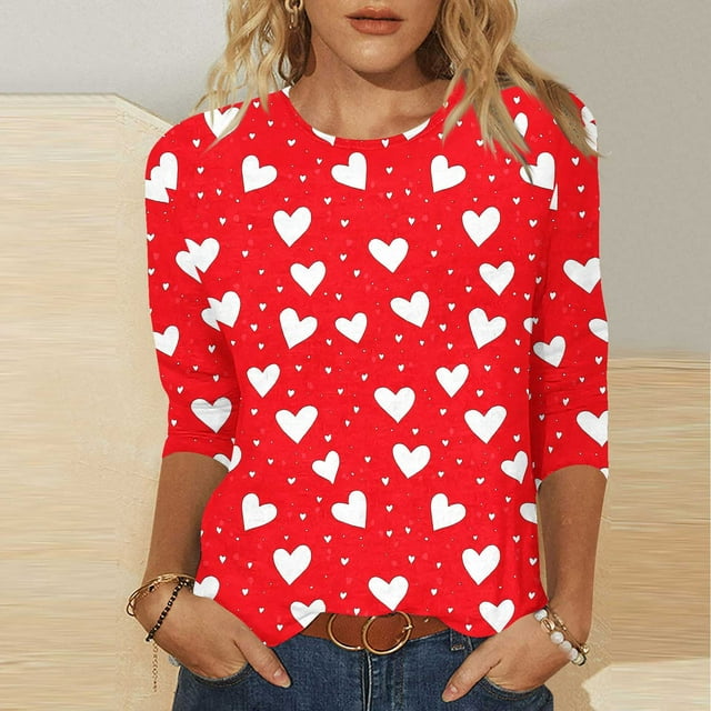Mceream T-Shirts à Manches 3/4 pour Femmes à Col Rond, Décontractés, Habillés, Surdimensionnés, Saint-Valentin, Chandails de Printemps, Hauts Raglan à Cœur d'Amour, Tunique, Coupe Ample, T-Shirt Graphique, Grande Taille, Blouses de San Valentín Para Mujer