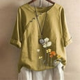thumbnail image 3 of Tiweut Hauts Décontractés pour Femmes Manches Courtes Mi-Longues Col Rond Tunique Imprimé Floral Coupe Ample T-Shirts pour Femme Jaune, 3 of 4