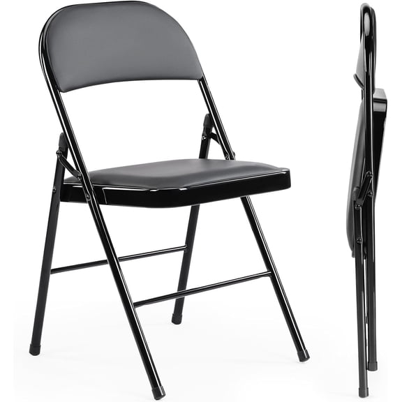 Nextay Folding Chairs 2 Pack, PU Leather Padded Foldable Chairs with Metal Frame for Indoor Outdoor Use, Office, Party, Wedding, Black