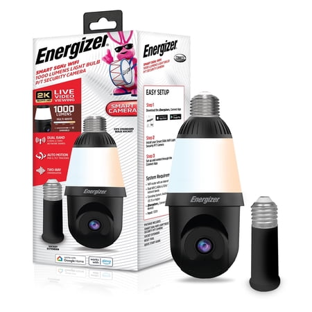 Energizer 1000 Lumens Light Bulb Camera, 2K Outdoor Smart Home Security Camera w/ Auto-Motion, Black