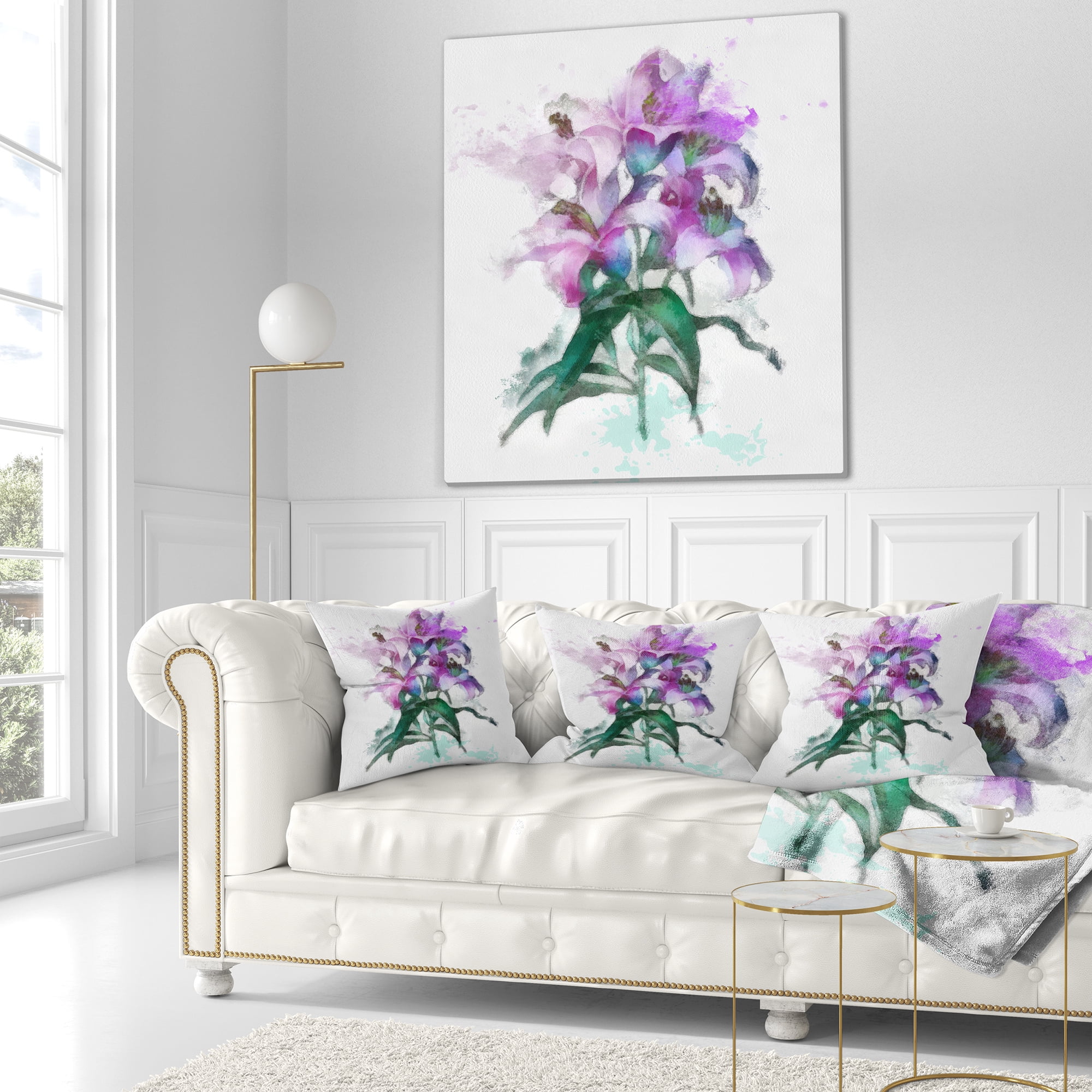 Designart Purple Lilies Illustration Drawing - Floral Throw Pillow - 16x16